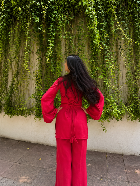 Women's Crimson Red Cotton Kurta Set with Straight Pants – Sweetheart Neck