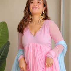 Blush Pink Pleated Anarkali Set with Sky Blue Dupatta