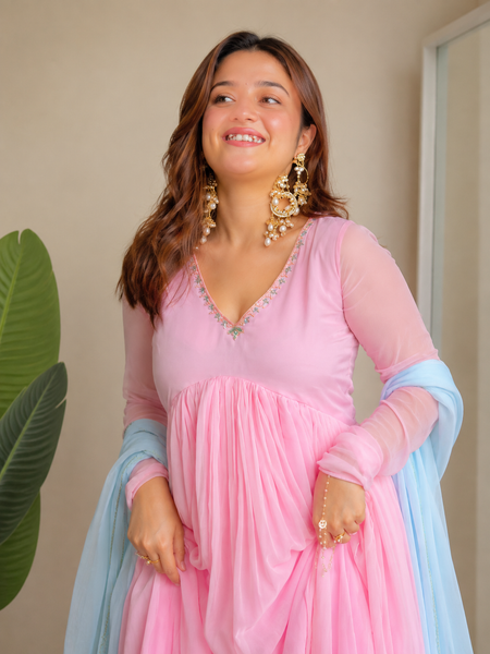 Blush Pink Pleated Anarkali Set with Sky Blue Dupatta