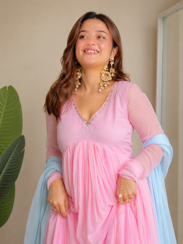 Blush Pink Pleated Anarkali Set with Sky Blue Dupatta