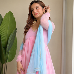Blush Pink Pleated Anarkali Set with Sky Blue Dupatta