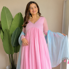 Blush Pink Pleated Anarkali Set with Sky Blue Dupatta