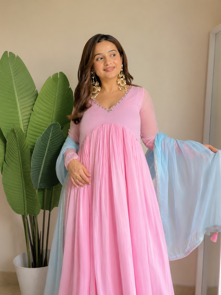 Blush Pink Pleated Anarkali Set with Sky Blue Dupatta